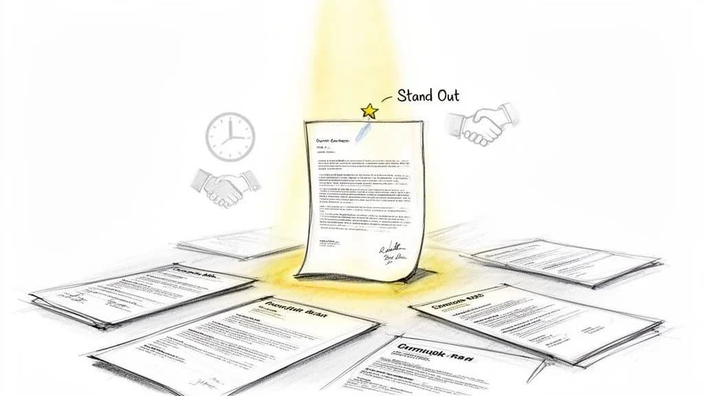 Un document iluminat etichetat 'Stand Out' printre alte hârtii, simbolizând comunicarea eficientă și distincția.